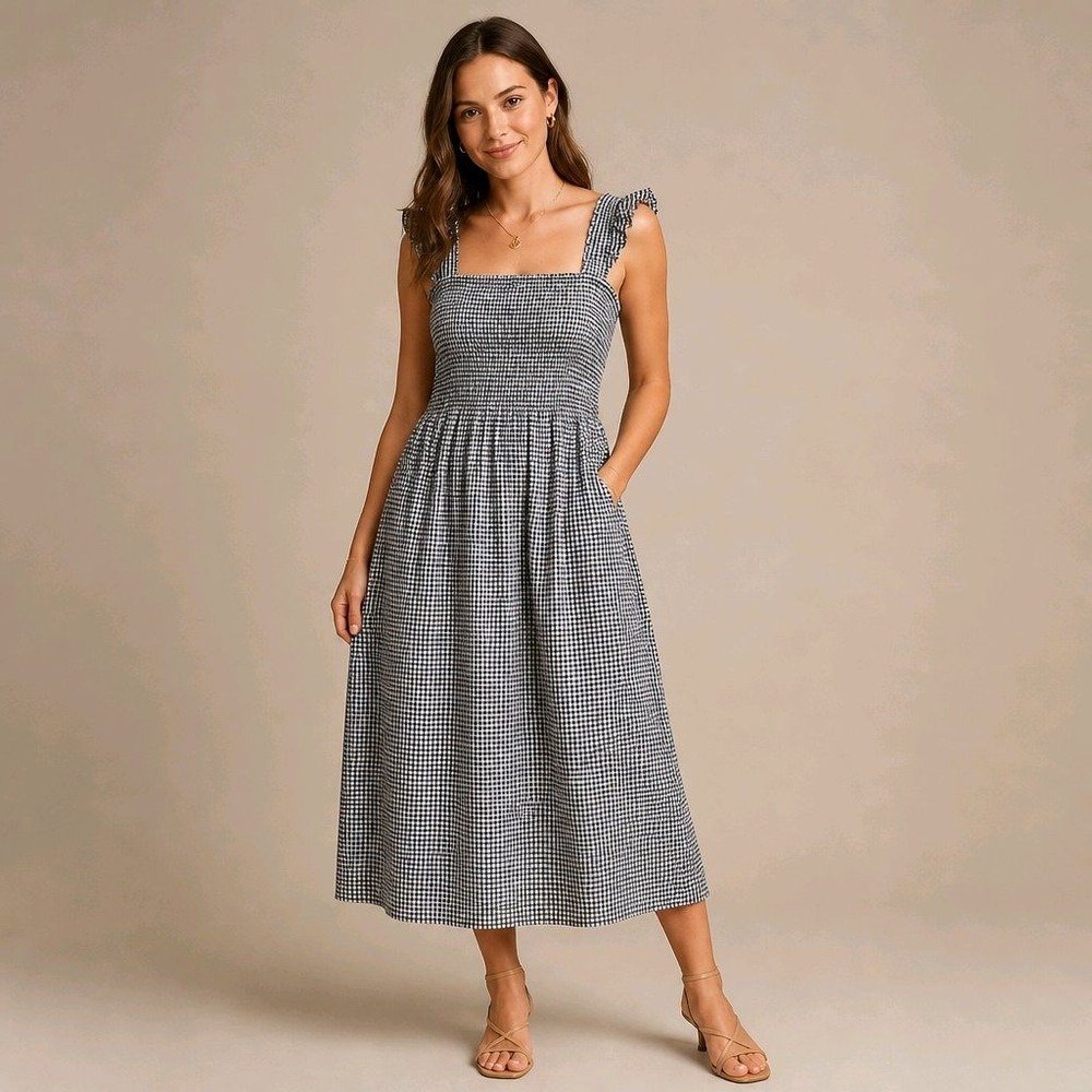 Old Navy Large Gingham Smocked Midi Dress Ruffle Strap